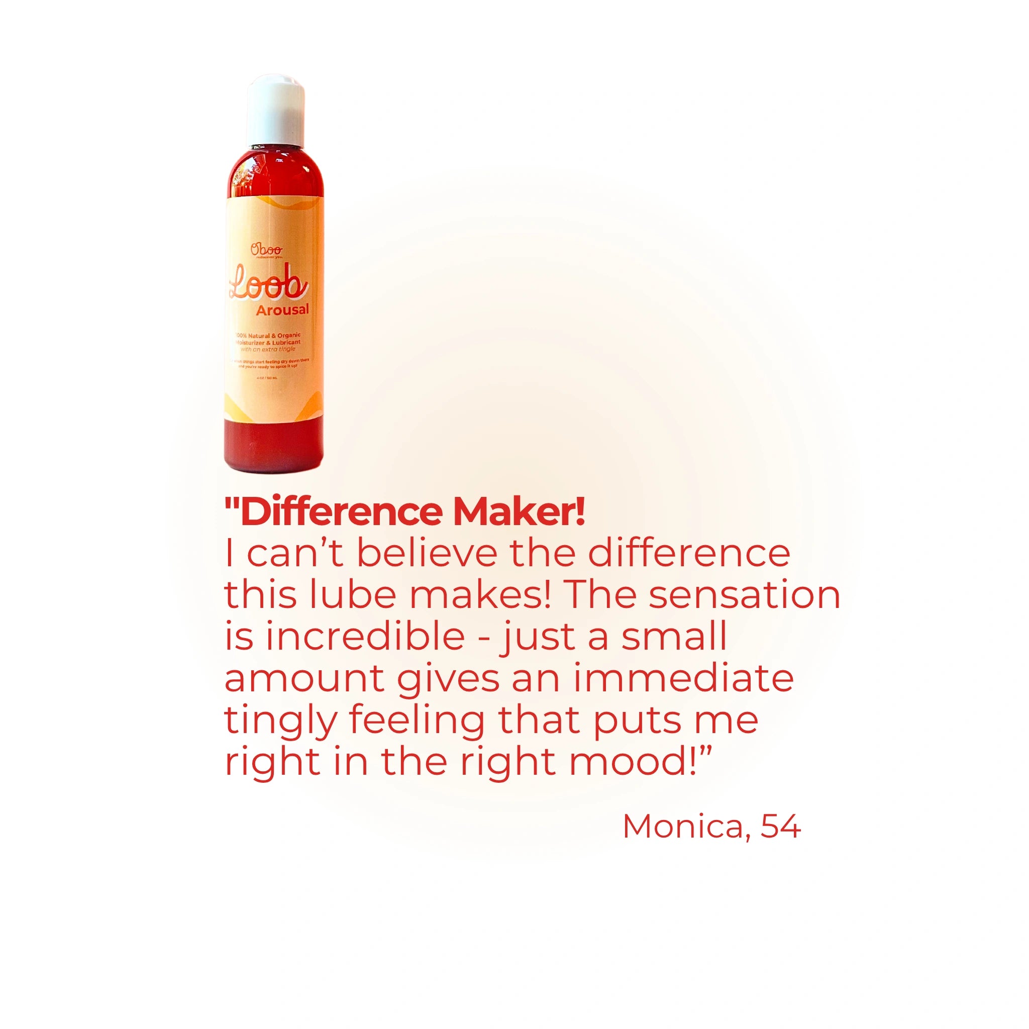 Loob Arousal bottle next to a review from Monica, age 54, describing the lube’s instant tingling effect and mood-boosting results.