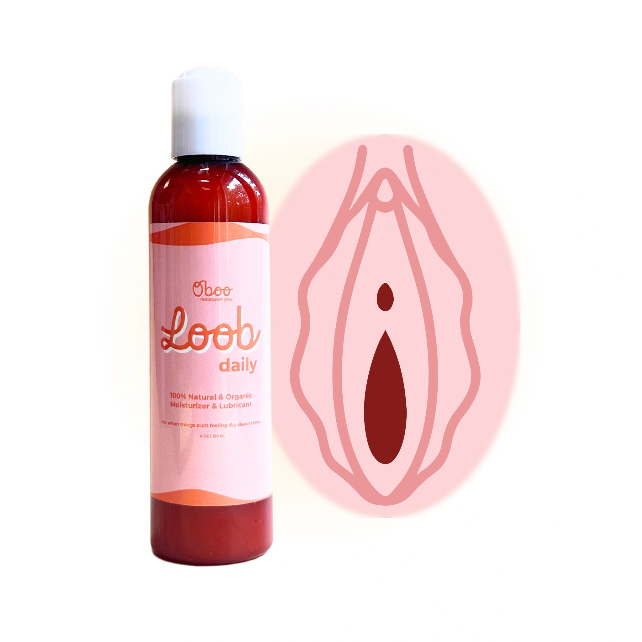 Loob Daily bottle placed beside a minimal, stylized vulva illustration, indicating targeted use for intimate dryness or comfort.