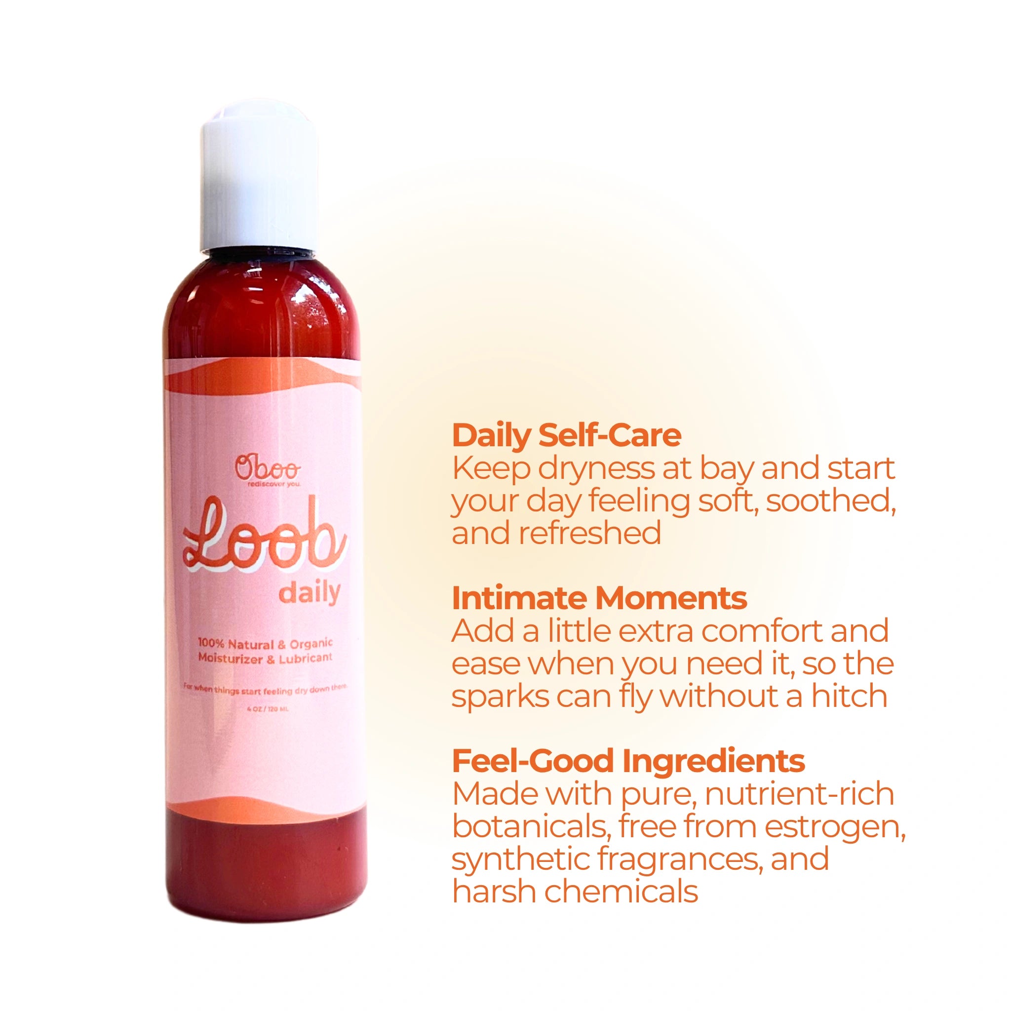 Loob Daily bottle on a soft gradient background with a label stating “Long-lasting hydration &amp; moisture” in an orange speech bubble.