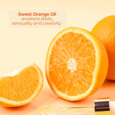 Sliced orange and dropper on a warm orange background, with text about sweet orange oil enhancing libido, creativity, and sensuality.