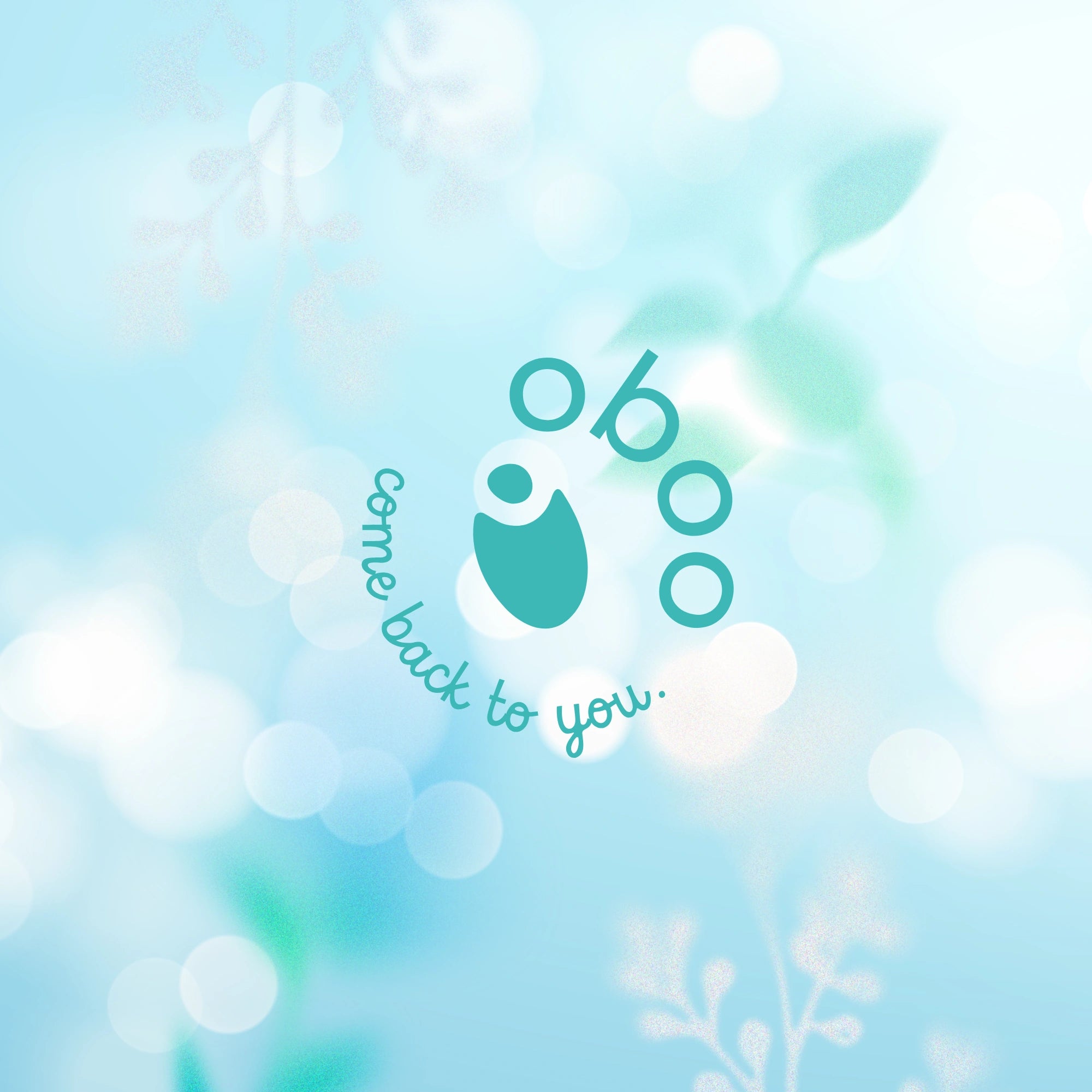 Oboo logo with the tagline “come back to you” appears on a soft blue background with white bokeh and leafy accents.