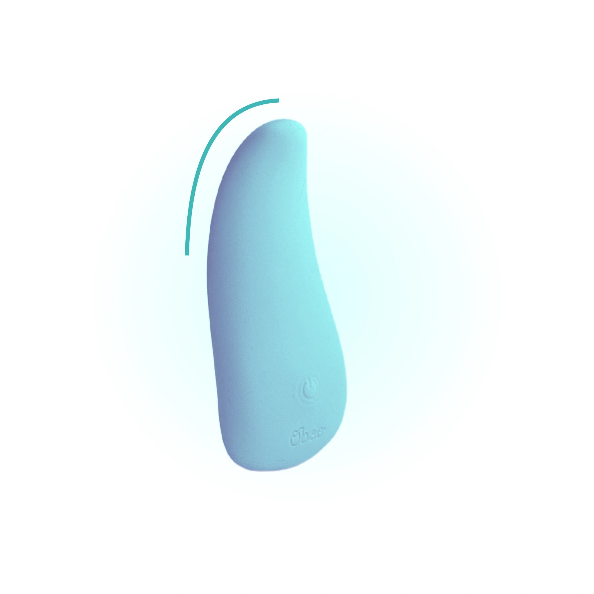 Curved light blue vibrator angled slightly to the side with an arc graphic, emphasizing its ergonomic shape.