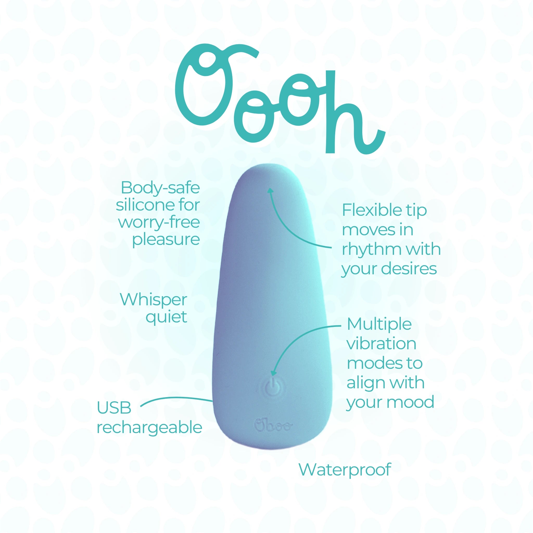 Light blue Oooh massager displayed with labeled features including flexible tip, whisper quiet operation, USB rechargeable, waterproof, and body-safe silicone.