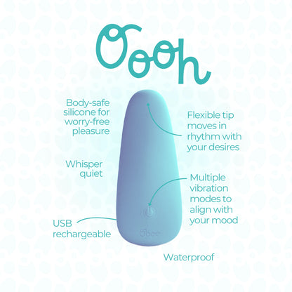 Light blue Oooh massager displayed with labeled features including flexible tip, whisper quiet operation, USB rechargeable, waterproof, and body-safe silicone.