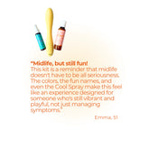 Oboo product trio with testimonial quote from a 51-year-old woman highlighting the playful, vibrant side of midlife wellness.