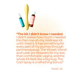 Oboo kit with Cool Spray, Loob, and vibrator shown with a heartfelt testimonial from a 45-year-old about perimenopause relief.