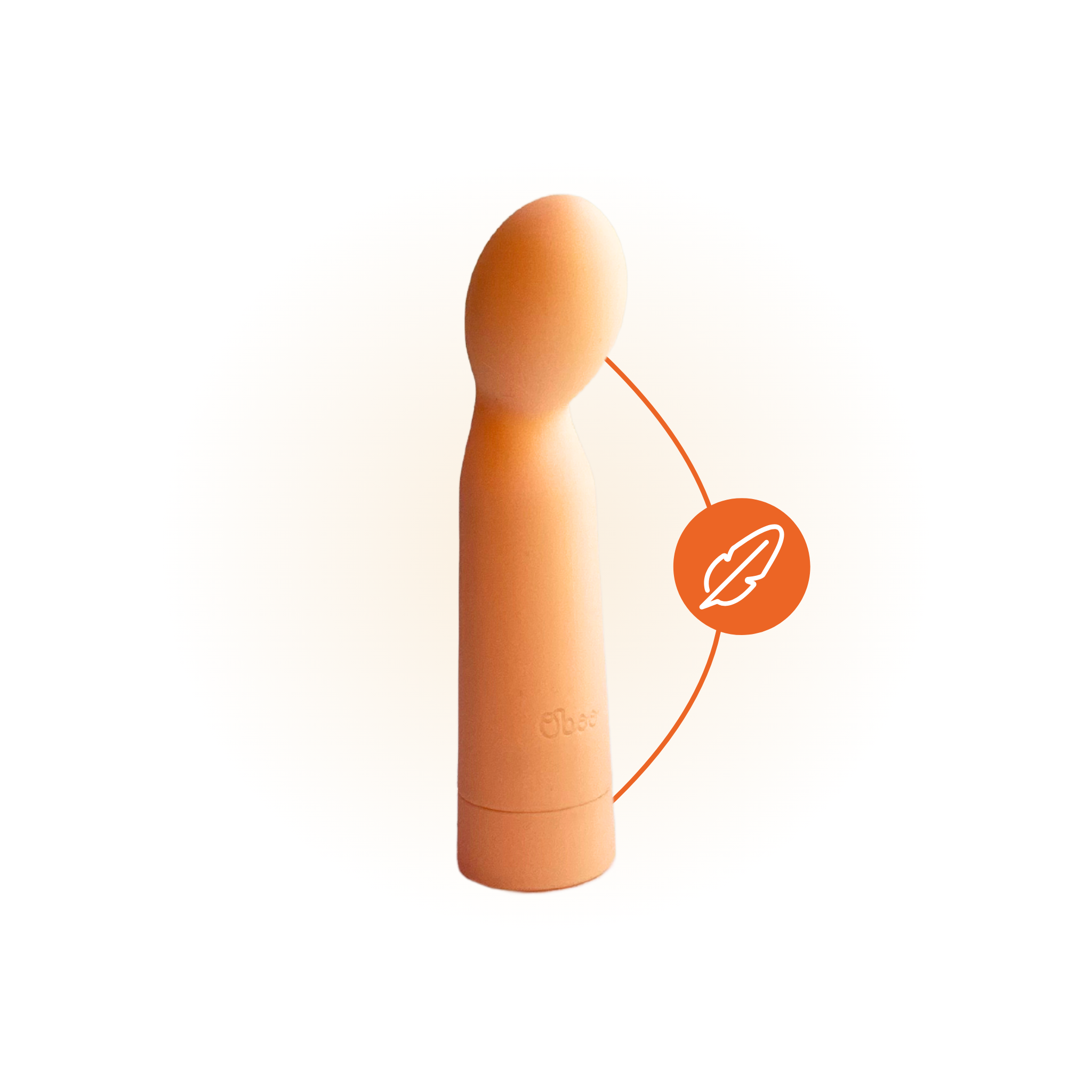 Shoop bullet massager with a feather icon pointing to it, emphasizing its soft, gentle texture and ergonomic rounded design.