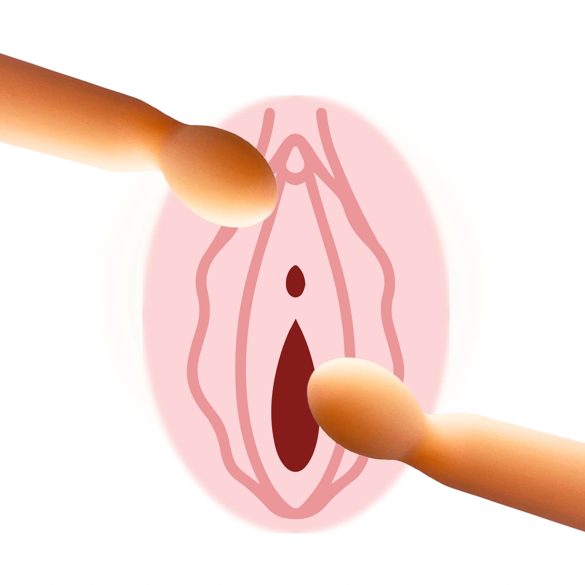 Two peach-colored bullet massagers point toward a stylized vulva illustration, showing external stimulation zones for intimate massage and pleasure.
