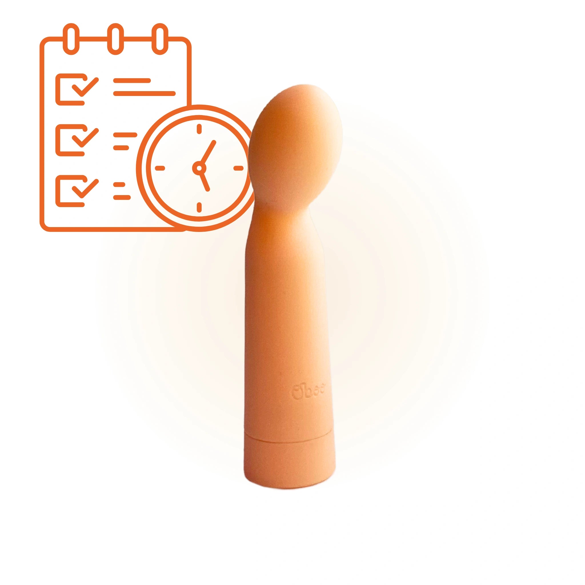 Shoop massager stands next to an icon of a checklist and clock, suggesting scheduled use or integrating pleasure into routines.