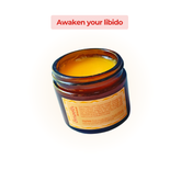 Open jar of Oboo Smooth Arousal Balm with the phrase “Awaken your libido” displayed above it on white background.