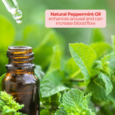 Peppermint oil dropper above an amber bottle surrounded by fresh mint leaves, highlighting arousal benefits of natural peppermint oil.