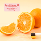 Sliced sweet oranges with a dropper, used to illustrate libido-enhancing and creativity-boosting effects of sweet orange oil.