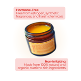 Open jar of Smooth Arousal Balm with text highlighting hormone-free, non-irritating ingredients made from natural, organic plant oils.
