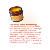 Oboo Smooth Arousal Balm beside a glowing testimonial from a 55-year-old woman praising its tingling, intimate benefits.