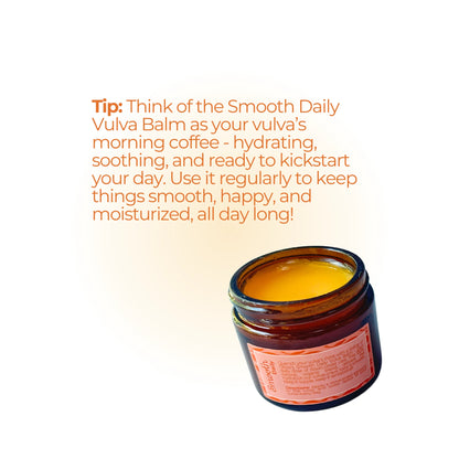 Open jar of Smooth Daily Balm beside a playful tip comparing it to morning coffee for your vulva’s daily hydration.