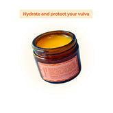 Open jar of Smooth Daily Vulva Balm with text “Hydrate and protect your vulva” on a light gradient background.