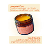 Open jar of Smooth Daily Balm with text describing it as hormone-free and non-irritating, made from natural ingredients.
