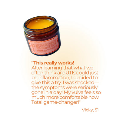 Open jar of Smooth Daily Balm above customer review praising product’s soothing effect and relief from UTI-like inflammation symptoms.