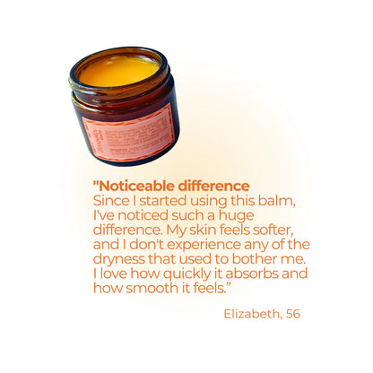 Open jar of balm above a customer testimonial describing noticeable improvement in skin softness and dryness relief after consistent use.