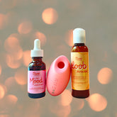 Three Oboo products – Libido Drops, Arousal Loob, and a pink stimulator – displayed against a soft pink background.