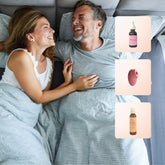 A happy couple in bed laughing together, with product images of Oboo Libido Drops, stimulator, and Arousal Loob beside them.