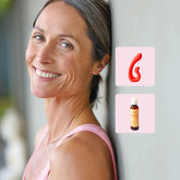 A smiling woman in a pink tank top leans against a wall beside product icons of a red vibrator and Oboo Loob Arousal.