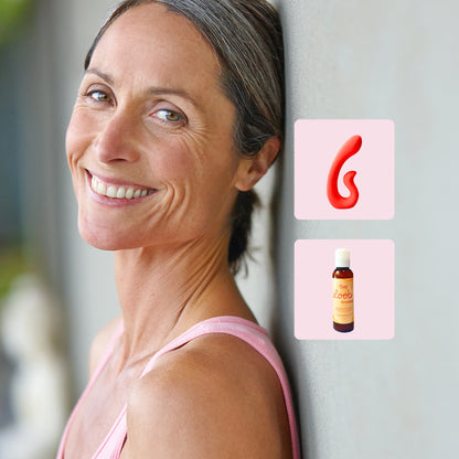 A smiling woman in a pink tank top leans against a wall beside product icons of a red vibrator and Oboo Loob Arousal.