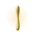 Yellow wand massager standing upright against a clean white background, showcasing its smooth texture and rounded design details.