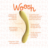 Illustrated breakdown of yellow wand massager features like self-heating, waterproof design, USB charging, and body-safe silicone.