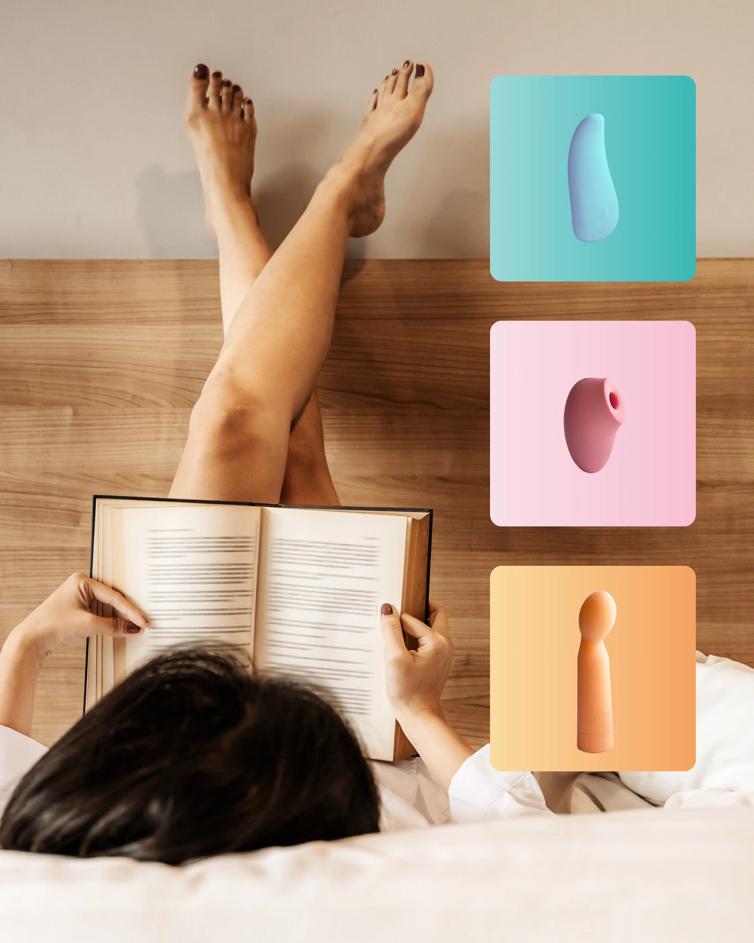 A woman reads a book in bed with legs crossed, while icons of three colorful Oboo massagers appear on the side.