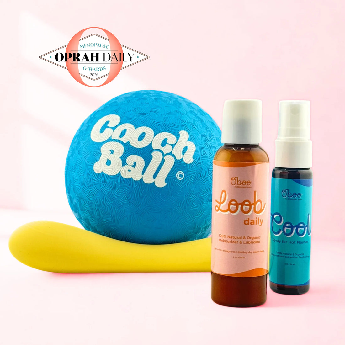 Cooch to Oh My Pelvic Floor Kit by Oboo — blue Cooch Ball, yellow Woosh wand, Loob Daily, and Cool Spray. Winner of the Oprah Daily Menopause O-Awards 2026