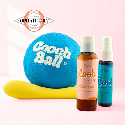 Cooch to Oh My Pelvic Floor Kit by Oboo — blue Cooch Ball, yellow Woosh wand, Loob Daily, and Cool Spray. Winner of the Oprah Daily Menopause O-Awards 2026