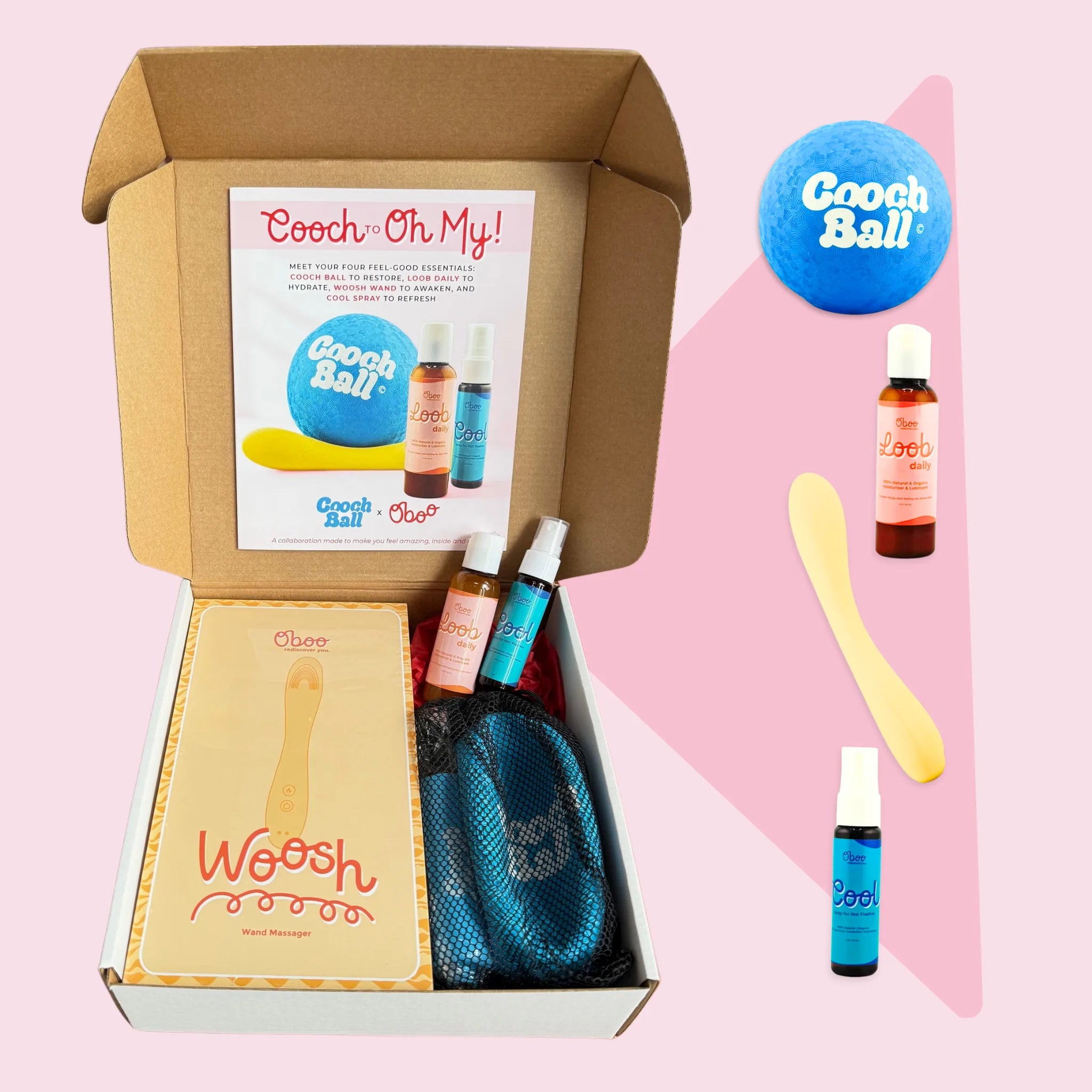 Cooch to Oh My kit unboxed — blue Cooch Ball, Woosh wand in box, Loob Daily, Cool Spray, Smooth balm, and a teal mesh storage bag, with welcome card showing the four pelvic floor essentials