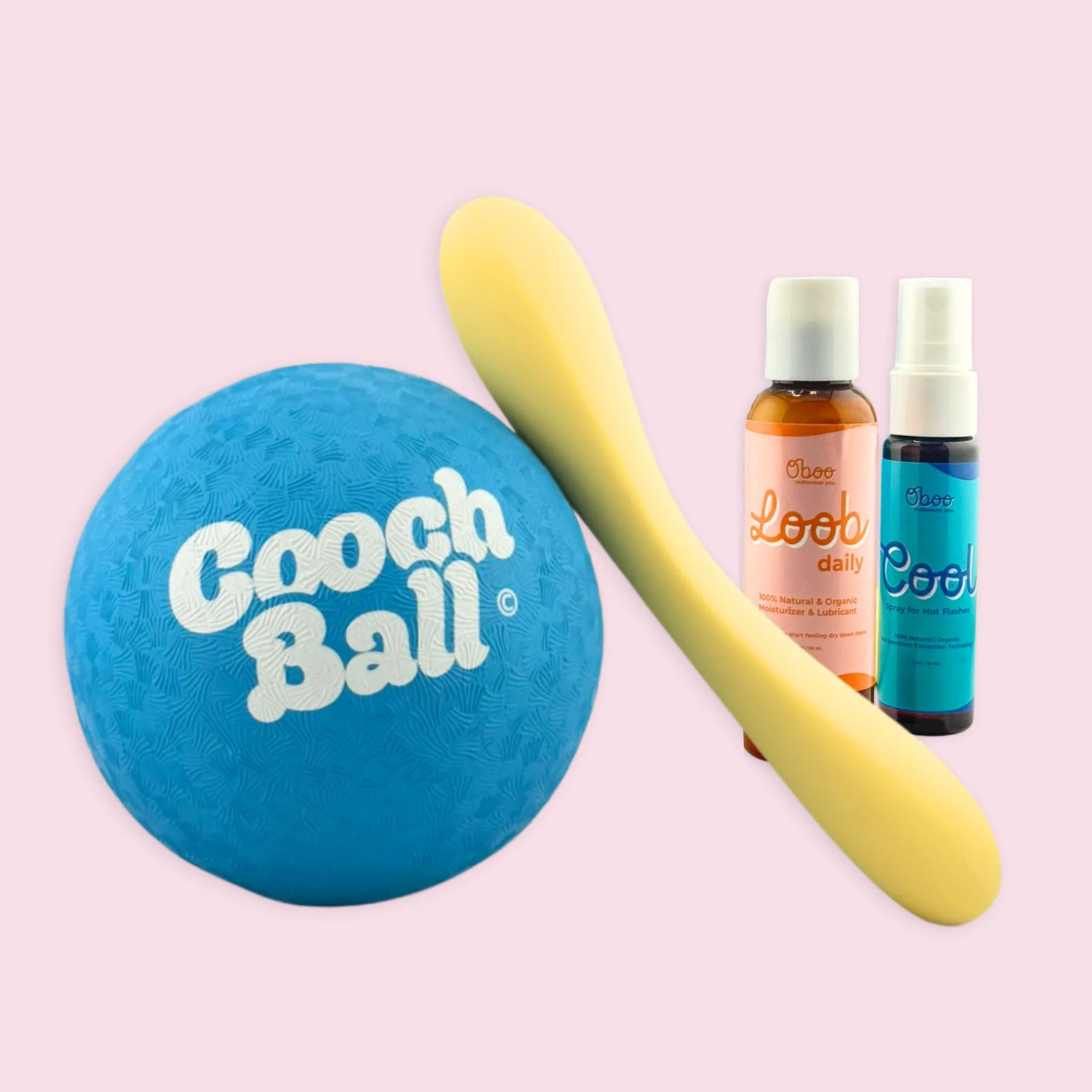 Cooch to Oh My essentials by Oboo — blue Cooch Ball for pelvic floor, yellow Woosh Warming Wand, Loob Daily Moisturizer, and Cool Spray for Hot Flashes