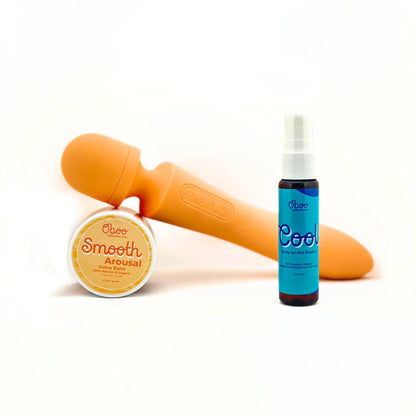 Goodnight Gorgeous kit by Oboo — peach Boom Wand leaning beside Smooth Arousal Vulva Balm jar and Cool Spray for Hot Flashes