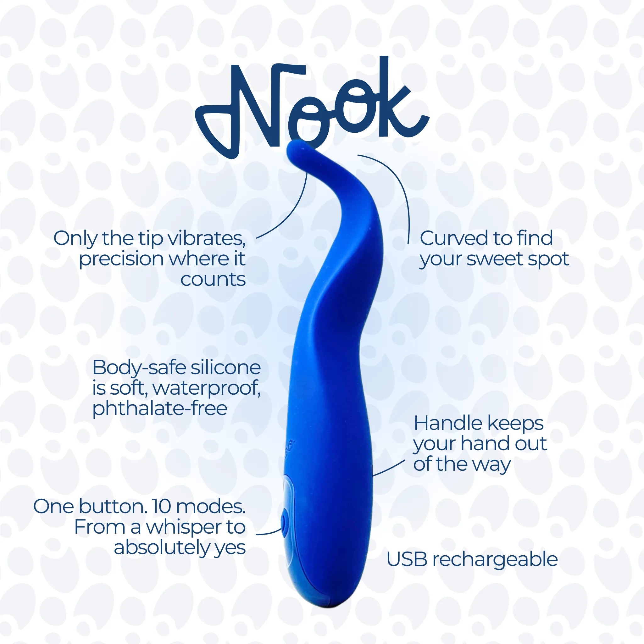 Nook feature breakdown by Oboo — only the tip vibrates for precision, curved to find your sweet spot, body-safe silicone, handle keeps your hand out of the way, one button with ten modes from a whisper to absolutely yes, USB rechargeable