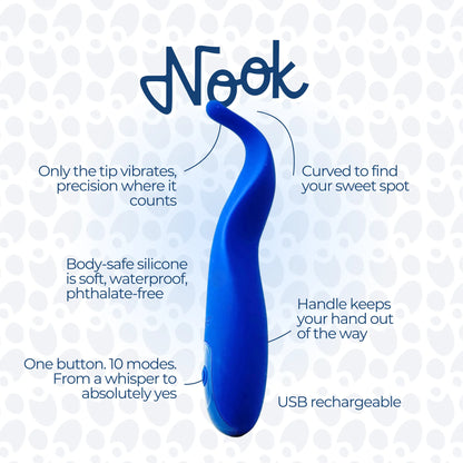 Nook feature breakdown by Oboo — only the tip vibrates for precision, curved to find your sweet spot, body-safe silicone, handle keeps your hand out of the way, one button with ten modes from a whisper to absolutely yes, USB rechargeable