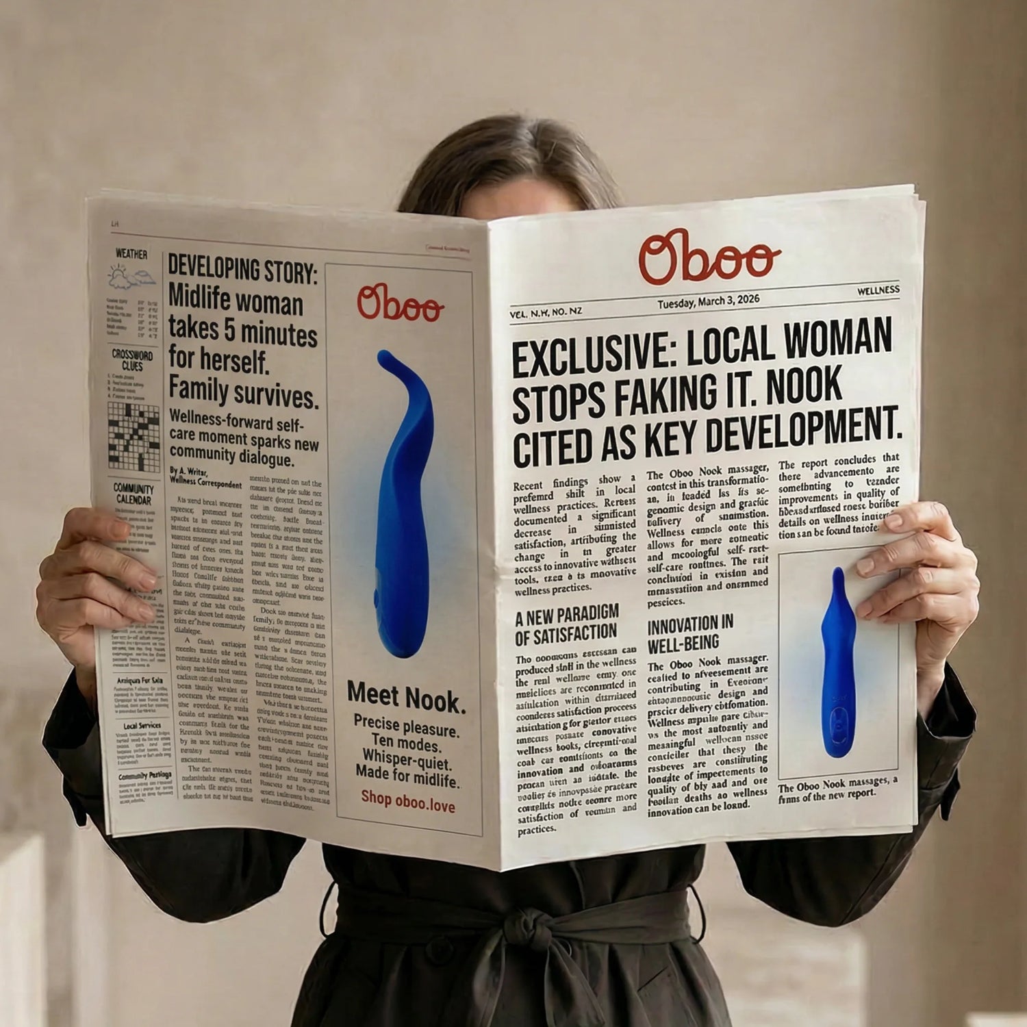 Playful editorial-style image — a midlife woman holding an Oboo newspaper with the headline Local Woman Stops Faking It, Nook Cited as Key Development. Tagline reads precise pleasure, ten modes, whisper quiet, made for midlife