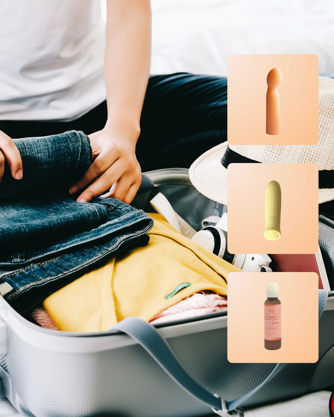 A person packs a suitcase with clothes and accessories, while product icons of Oboo massagers and lubricant appear on the right.