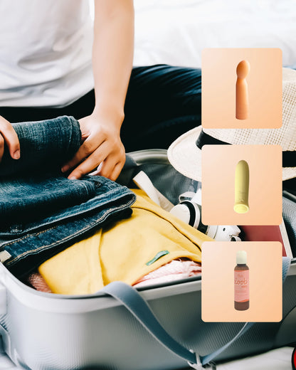 A person packs a suitcase with clothes and accessories, while product icons of Oboo massagers and lubricant appear on the right.