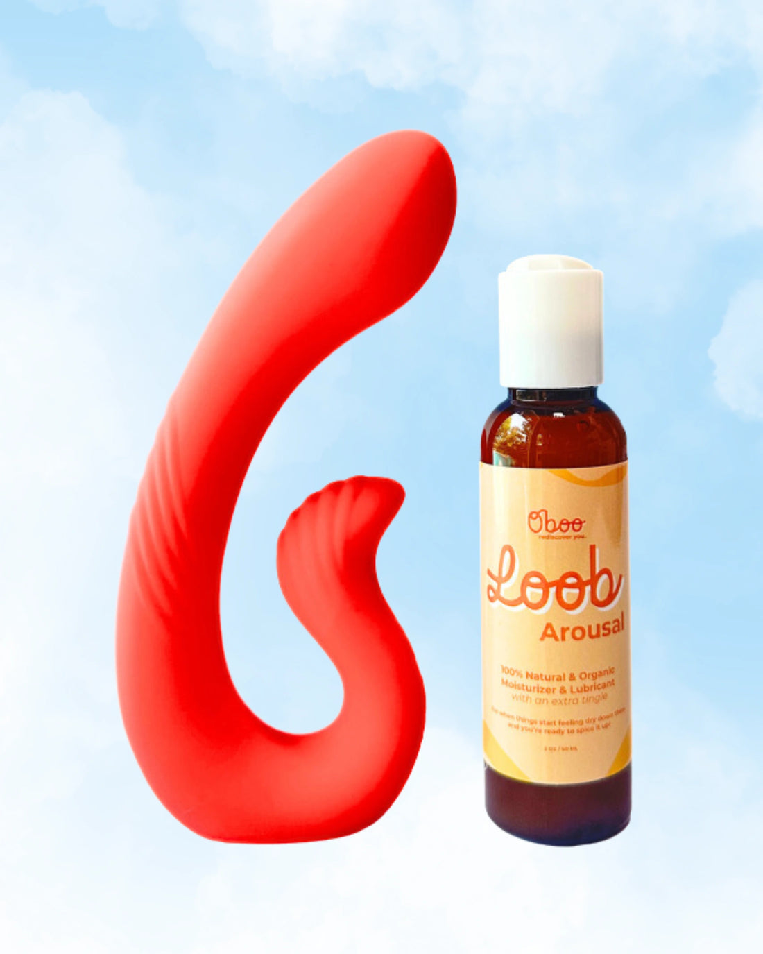 A red dual-action massager stands beside a bottle of Oboo Loob Arousal lubricant against a soft blue sky background.