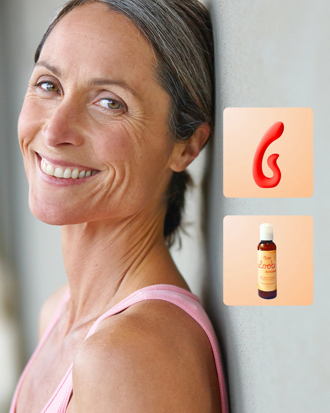 A smiling woman in a pink tank top leans against a wall beside product icons of a red vibrator and Oboo Loob Arousal.